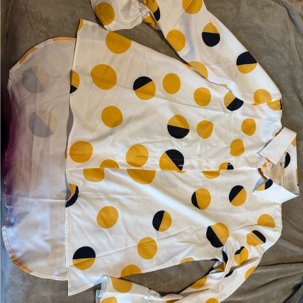 Fashion Nova White and Yellow Polka Dot Blouse